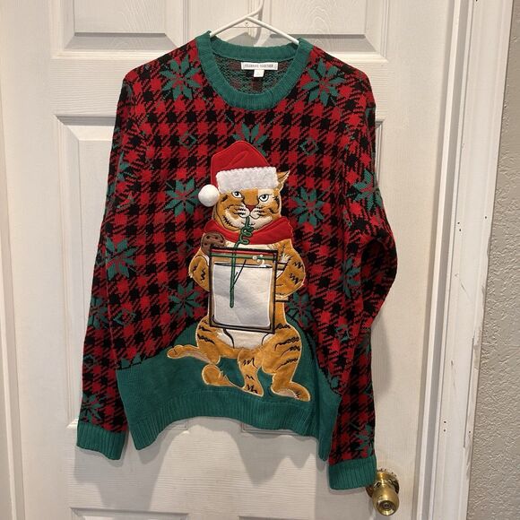 Celebrate Together Men's Ugly Cat Christmas Sweater Drink  Size Large Red Green‎ - Picture 1 of 7